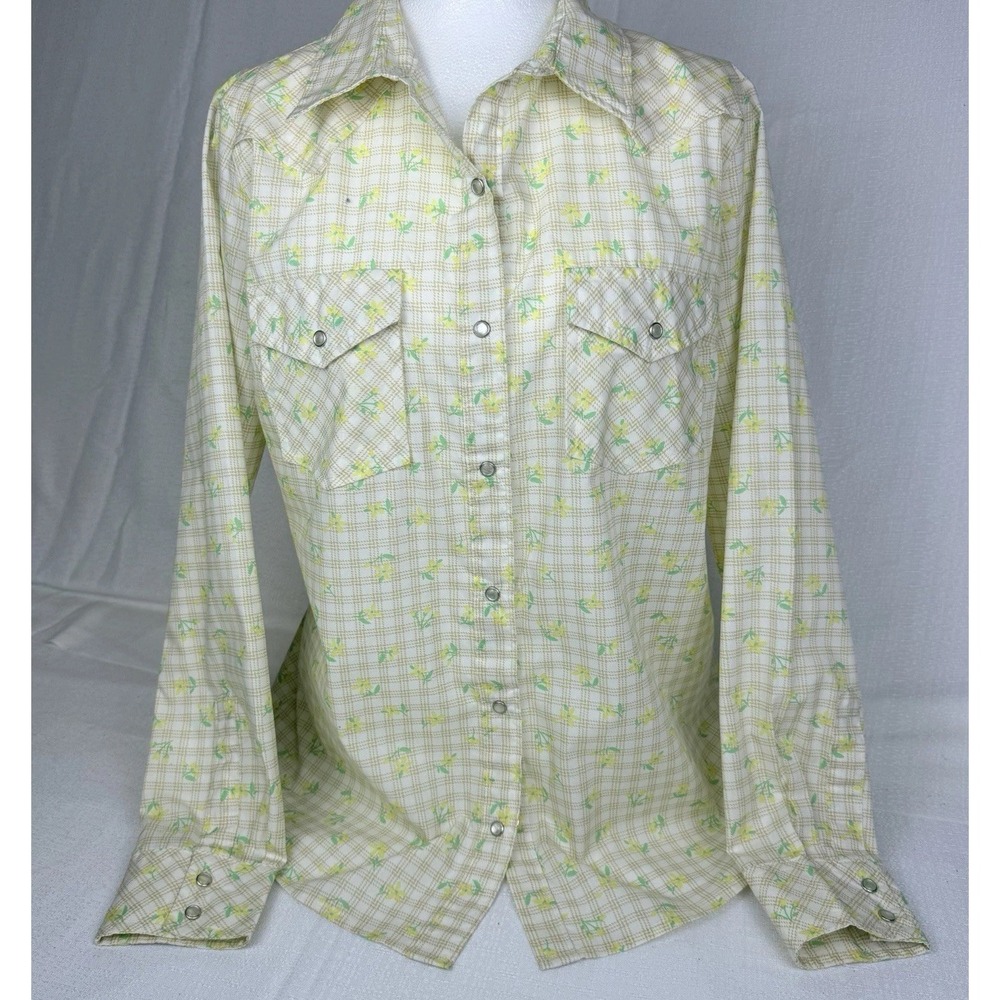 Women's M Wrangler Pearlsnap Tattersall Check Plaid Cream Yellow Flowers Western